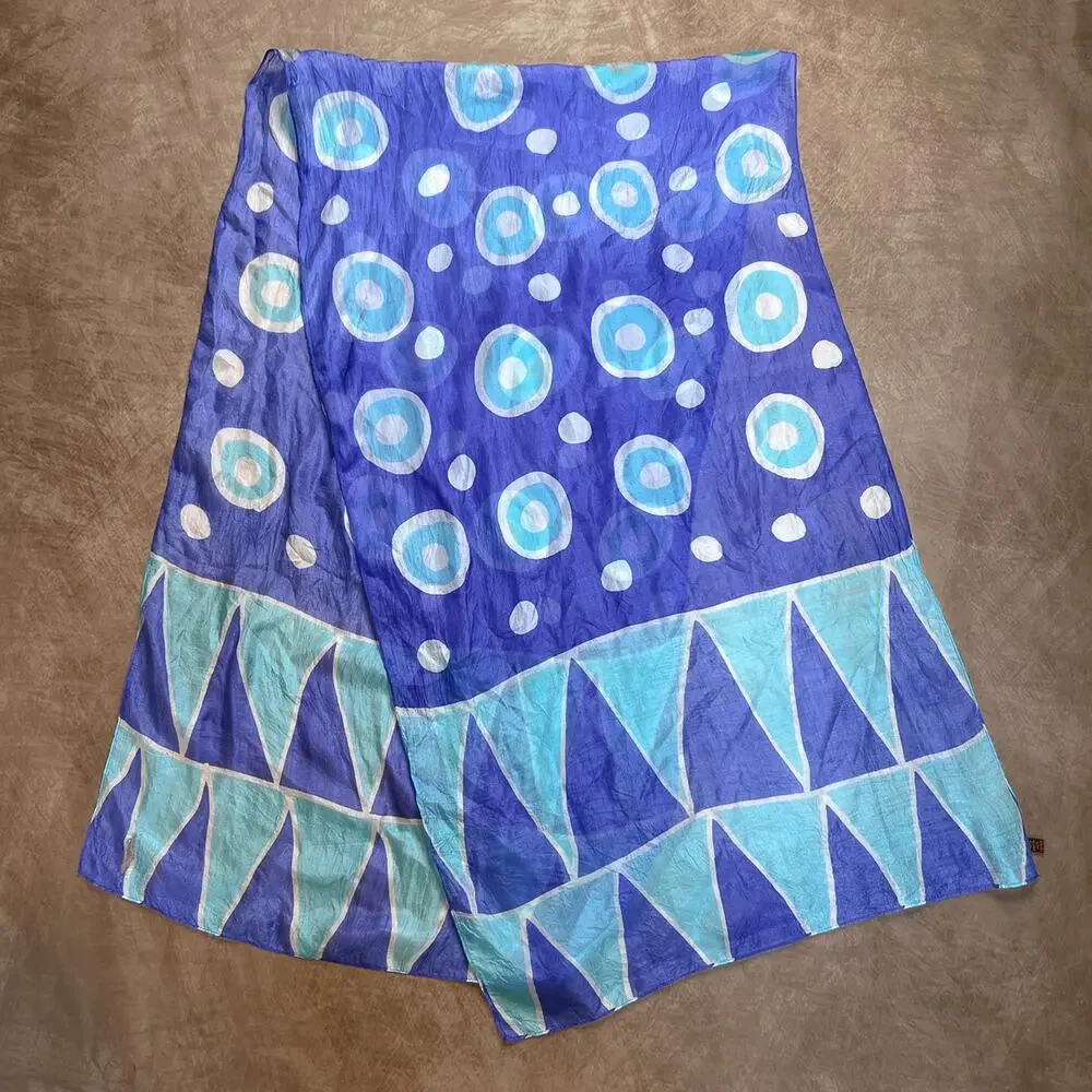Geometric Satin Scarf Blue Rectangle Polka Dot Circle Triangle Boho Festival Mod